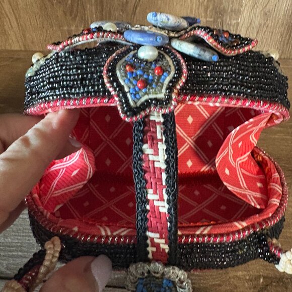 MARY FRANCES Red Check Floral Beaded Handbag NWOT - Picture 6 of 6